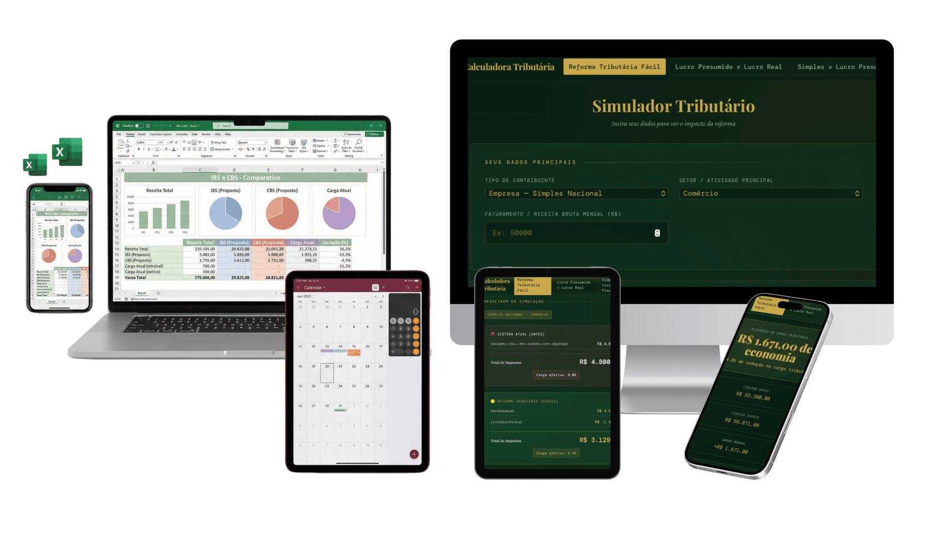 Simulador tributário em notebook, tablet e celular
